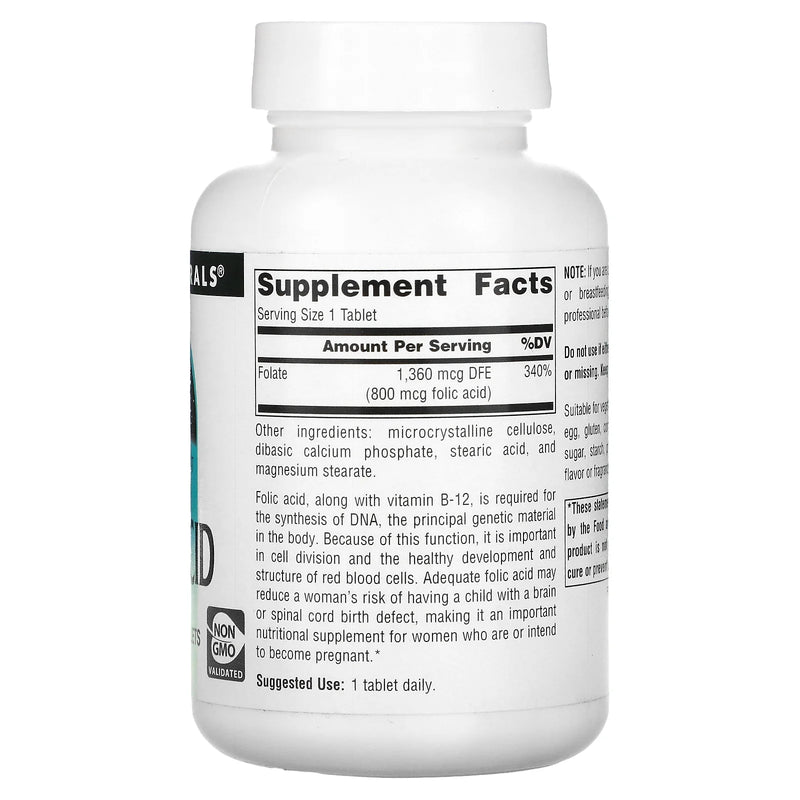 Folic Acid 800 mcg 500 Tablets by Souce Naturals
