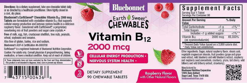 EarthSweet Chewables, Vitamin B12, Raspberry , 2,000 mcg, 90 Chewable Tablets, by Bluebonnet