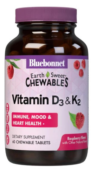 EarthSweet® Chewables Vitamin D3 & K2, 60 Raspberry Chewable Tablets, by Bluebonnet