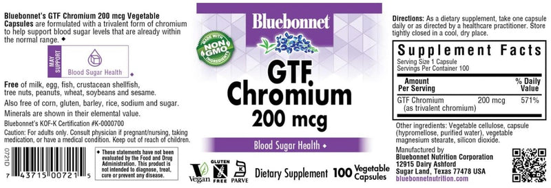 GTF Chromium 20 mcg 100 Vegetable Capsules, by Bluebonnet