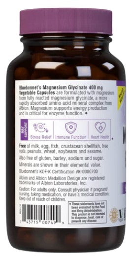 Magnesium Glycinate 400mg 120 Veggie Capsules by Bluebonnet