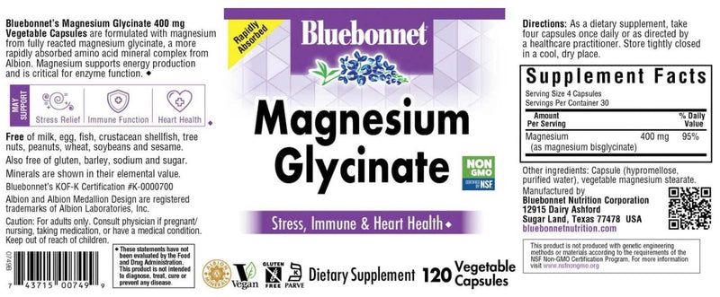 Magnesium Glycinate 400mg 120 Veggie Capsules by Bluebonnet