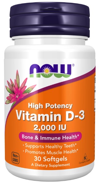 Vitamin D-3 50 mcg (2000 IU), 30 Softgels, by NOW