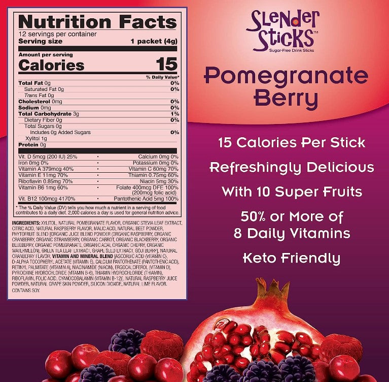 Slender Sticks, Pomegranate Berry, 12 Sticks 48g/Box  (1.7 oz), by Now Real Food