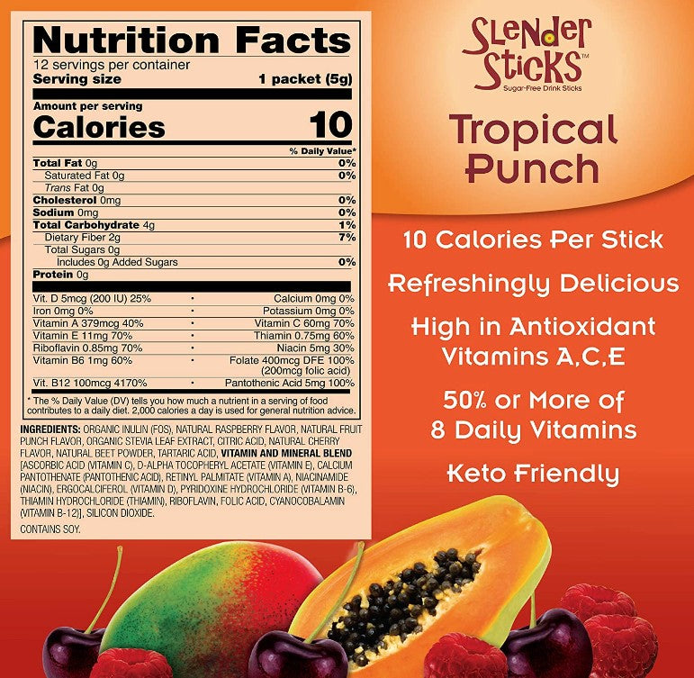 Slender Sticks, Tropical Punch, 12 Sticks, 60g/Box (2.1 oz), by Now Real Food