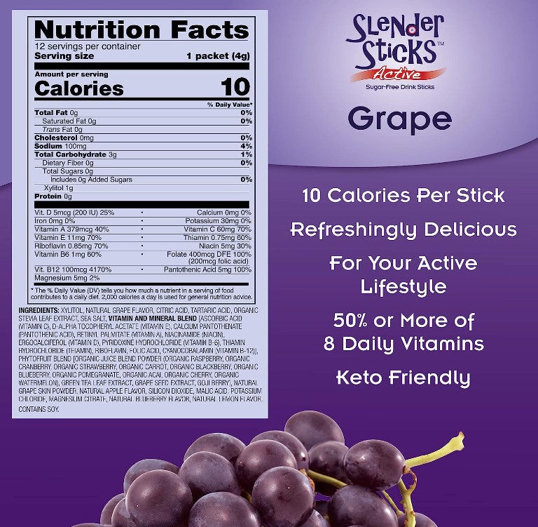 Slender Sticks, Active Grape, 12 Sticks 48g/Box  (1.7 oz), by Now Real Food