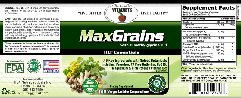 MaxGrains For Migraines and Headaches Relief 120 Vegetable Capsules by Your Health & Vitadiets