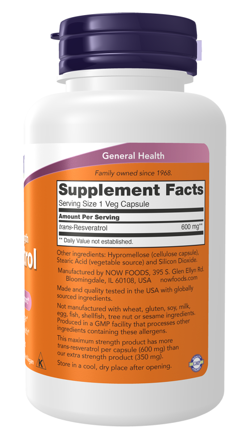Maximum Strength Resveratrol 600 mg 60 Veg Capsules by NOW Foods