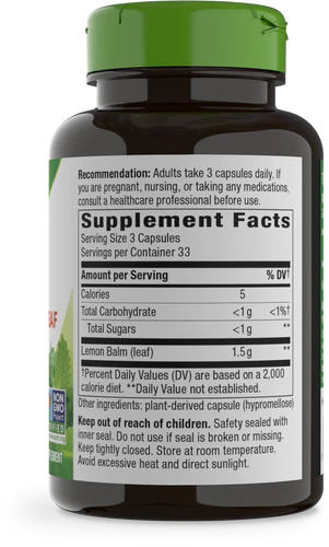 Melissa Lemon Balm Leaf 500 mg 100 Vegetarian Capsules by Nature&