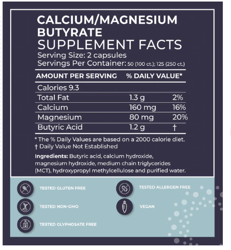 Calcium/Magnesium Butyrate, 100 Non-GMO Capsules by BodyBio
