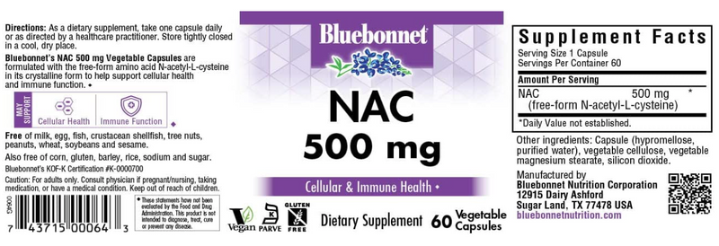 NAC 500 mg, 60 Vegetable Capsules, by Bluebonnet