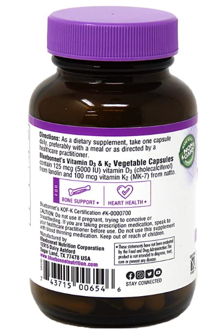 Vitamin D3 (125 mcg) & K2 (100 mcg), 60 Vegetable Capsules, by Bluebonnet