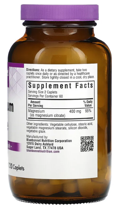 Magnesium Citrate 400 mg, 120 Caplets, by Bluebonnet