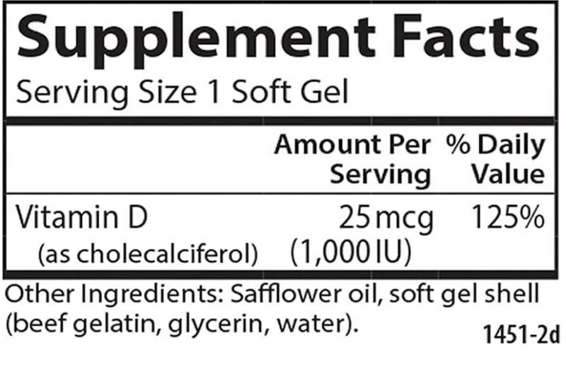 Vitamin D3, 1,000 IU (25 mcg), 100 Soft Gels, by Carlson