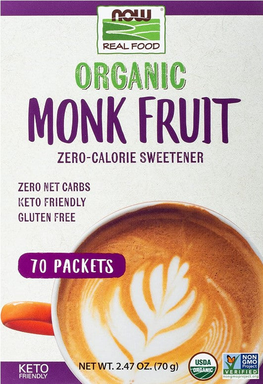 Organic Monk Fruit Zero-Calorie Sweetener, 70 Packets, 2.47 oz (70g), by NOW