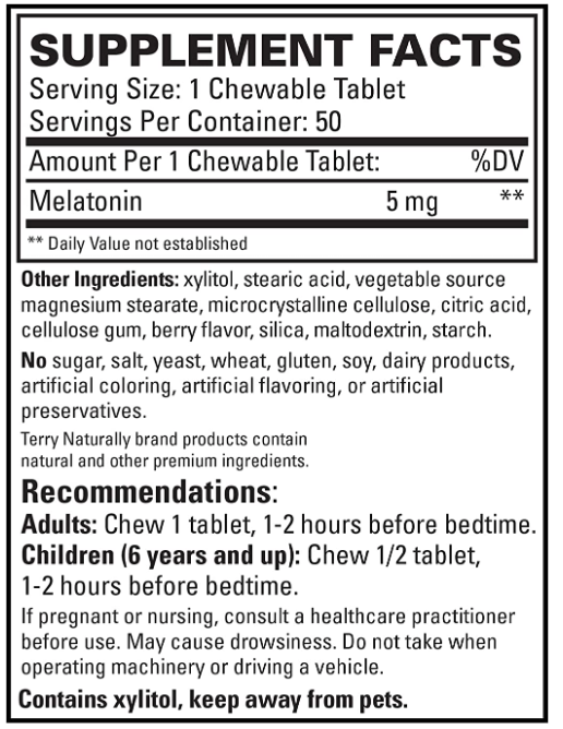 Melatonin 5 mg, 50 Berry Flavored Chewable Tablets by Terry Naturally