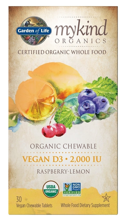mykind Organics Vegan D3 2,000 IU Raspberry-Lemon 30 Vegan Chewable Tablets