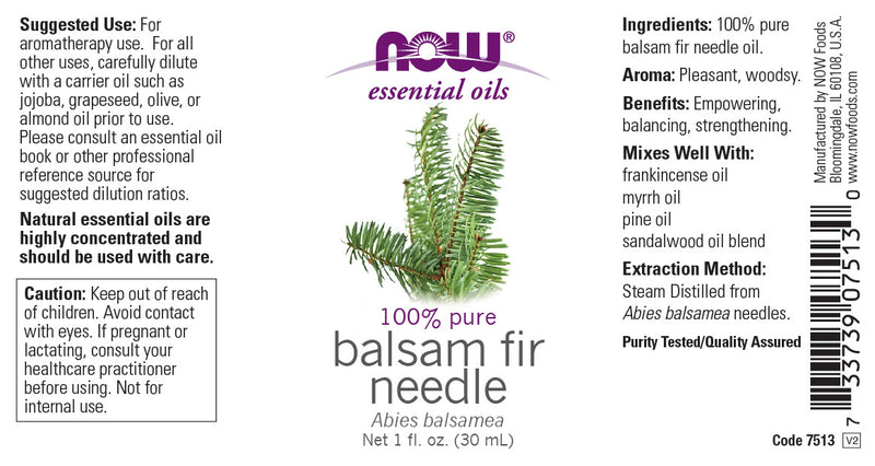 NOW Essential Oils, Balsam Fir Needle Oil, Woodsy Aromatherapy Scent, Steam Distilled, 100% Pure, Vegan, Child Resistant Cap, 1-Ounce
