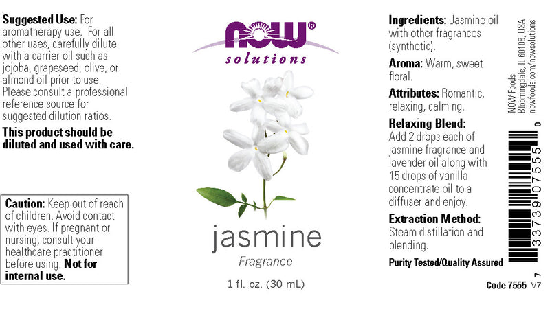 NOW Essential Oils, Jasmine Fragrance, Romantic Aromatherapy Scent, Steam Distilled, 100% Pure, Vegan, Child Resistant Cap, 1-Ounce
