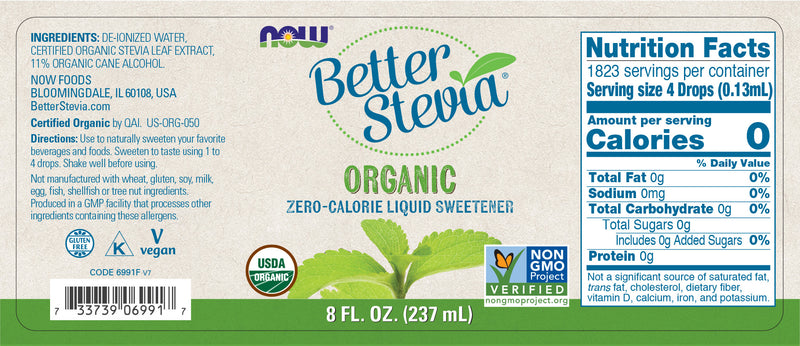 NOW Foods, Better Stevia Liquid Sweetener Organic 8 fl oz (237 ml)